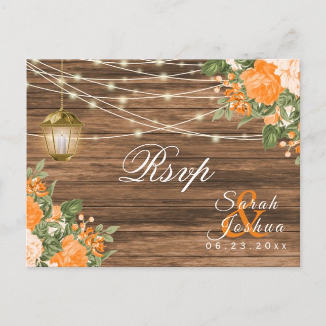 Postal RSVP - Madera, Linternas y Flor de Naranja (Anverso)