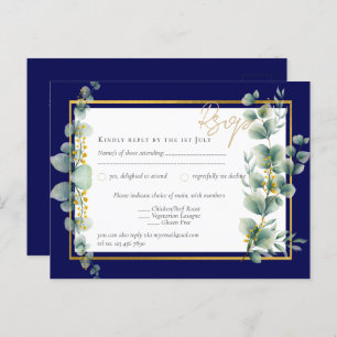 Postal RSVP NAVY AZUL GOLD Greenery Eucalyptus Boda