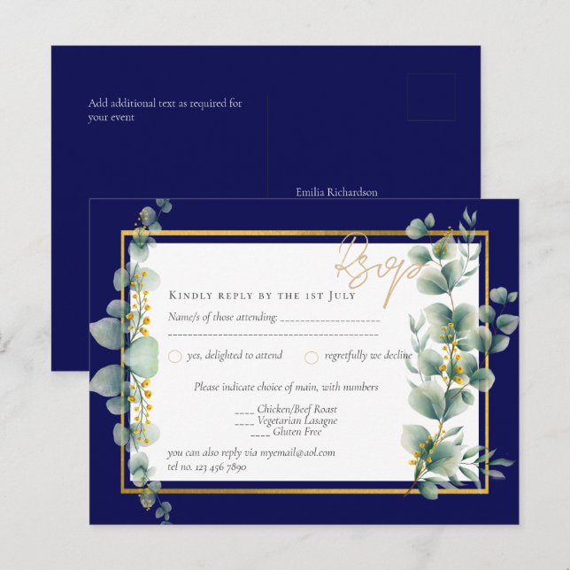 Postal RSVP NAVY AZUL GOLD Greenery Eucalyptus Boda (Anverso / Reverso)