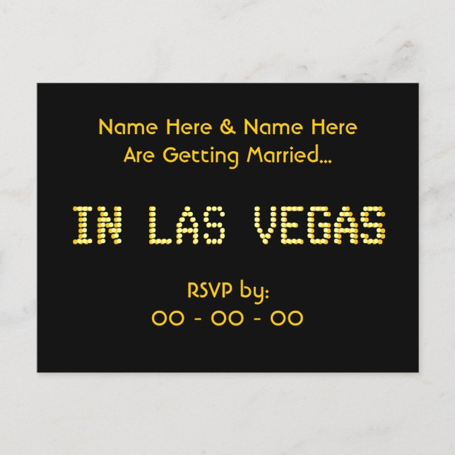 Postal RSVP. Negro y amarillo. Boda de Las Vegas. (Anverso)