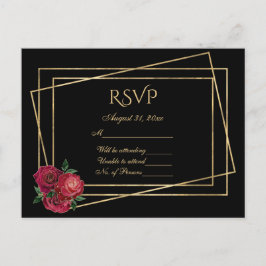 Postal RSVP Negro y Oro con Rosas de glam rojo profundo