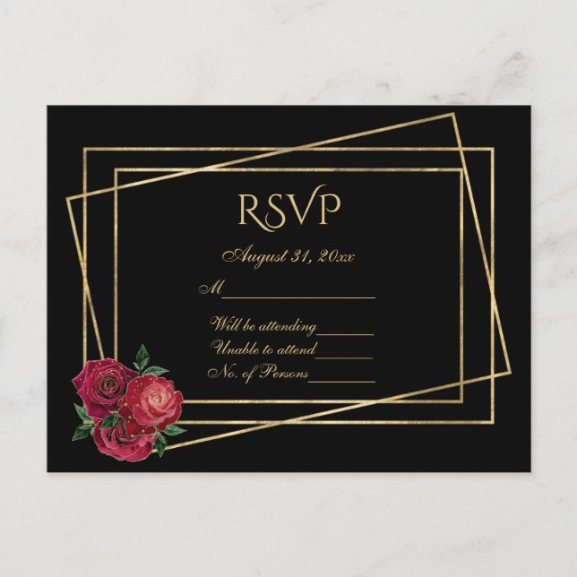 Postal RSVP Negro y Oro con Rosas de glam rojo profundo (Anverso)