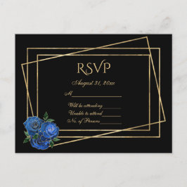 Postal RSVP Negro y Oro con Rosas del Glam Azul Real