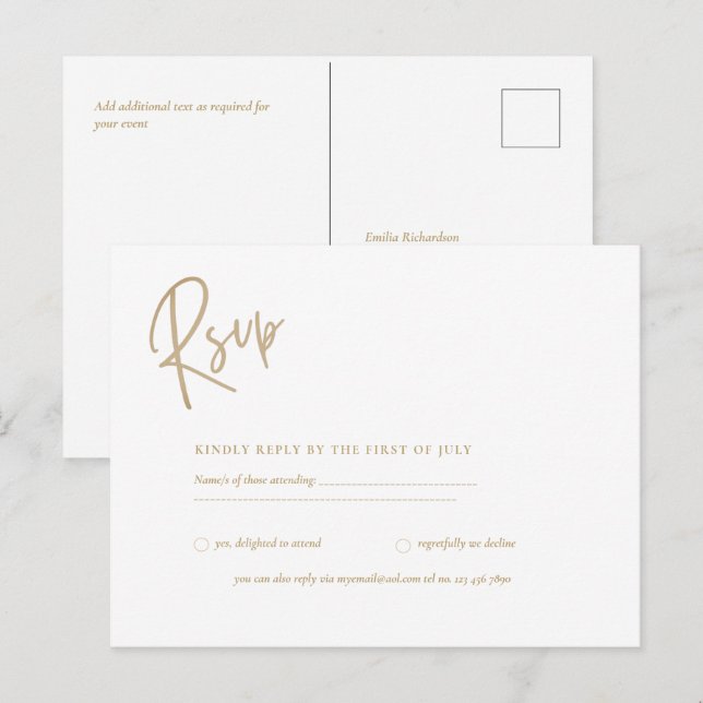 Postal RSVP - Oro blanco clásico (Anverso / Reverso)