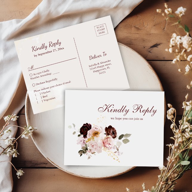 Postal RSVP para Rubor Peony & Burgundy Meings Opt (Subido por el creador)