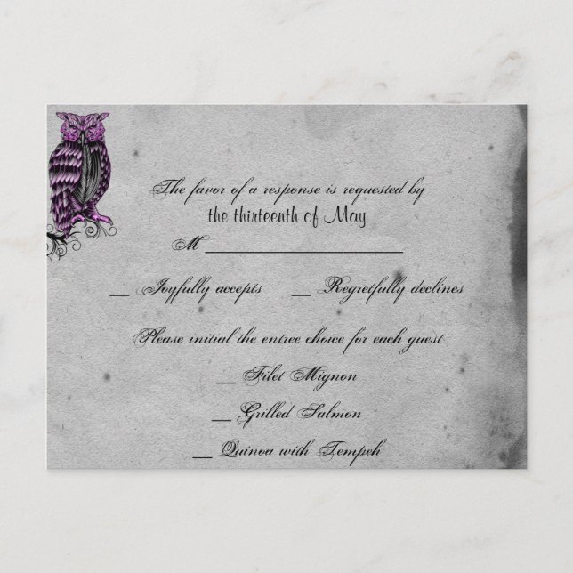 Postal RSVP Púrpura Búho Gótico Posh (Anverso)