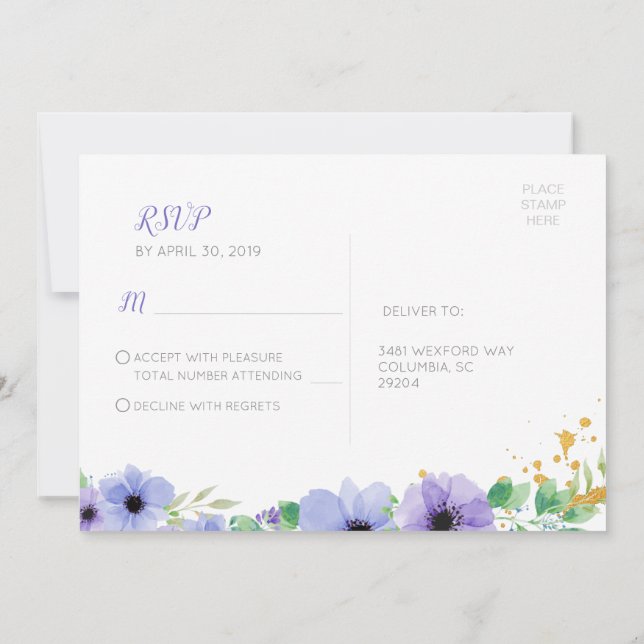 Postal RSVP Romántica Morada Floral (Reverso)