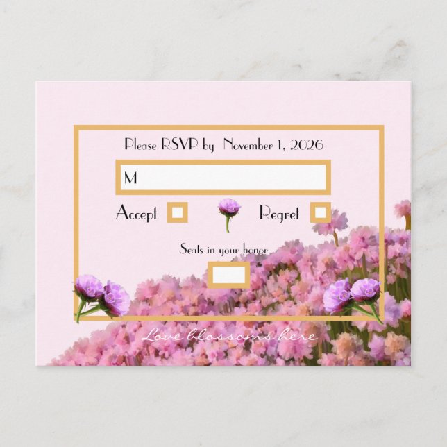 Postal RSVP rosa floral y dorada (Anverso)