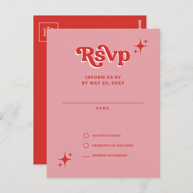 Postal RSVP rosa y roja de Retro Groovy 70 (Anverso / Reverso)