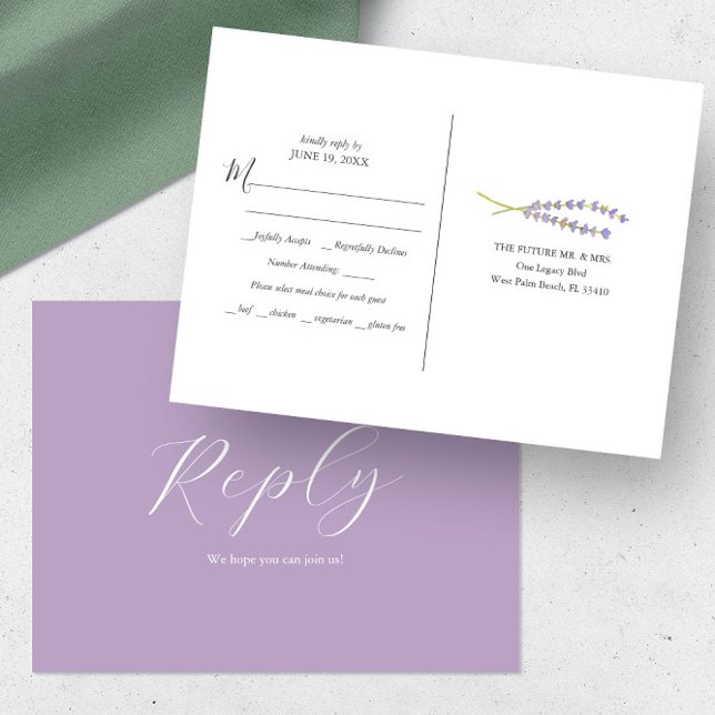Postal RSVP RSVP de elección de comida de lavanda  (RSVP postcard with meal choice minimalistic watercolor lavender art by Victoria Grigaliunas)