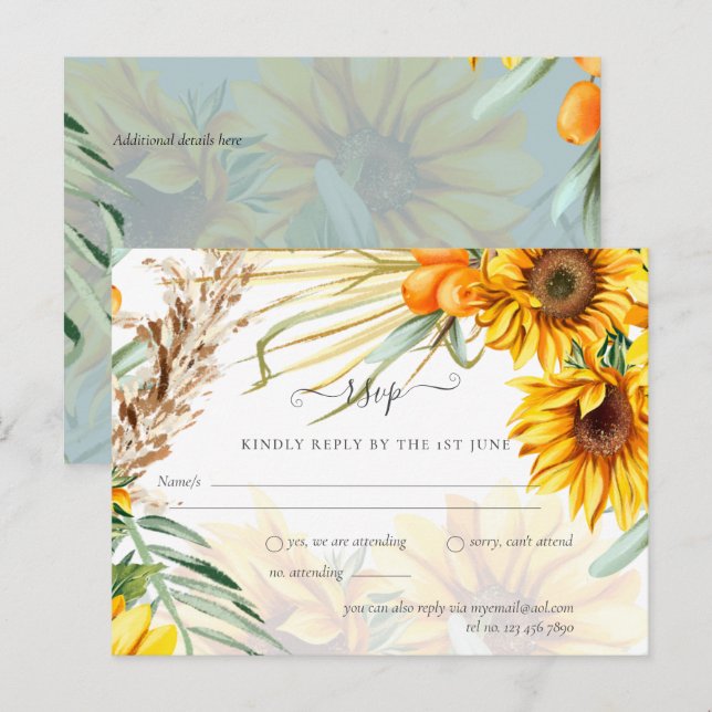 Postal RSVP Sunflowers Pampas Grass Sage Boda (Anverso / Reverso)