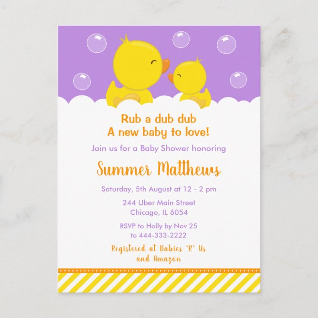 Postal Rubber Ducky Baby Shower amarillo y morado (Anverso)