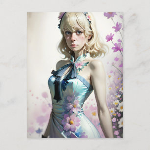 Postal Rubia en un vestido floral