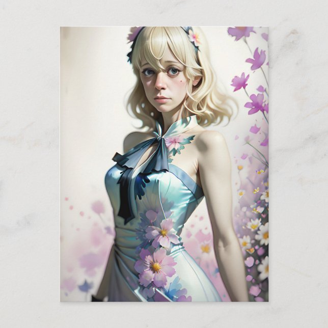 Postal Rubia en un vestido floral (Anverso)