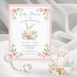Postal Rubor Floral Rosa Conejo Conejo Conejo Baby Shower<br><div class="desc">Pequeño y dulce acuarela bebé conejo conejo en una cesta de mimbre y flores de bonito. Su pequeña blankie rosada está cubierta por un costado. Qué lindo para esa ducha de bebé. 100% de satisfacción del cliente con "Zazzle"</div>