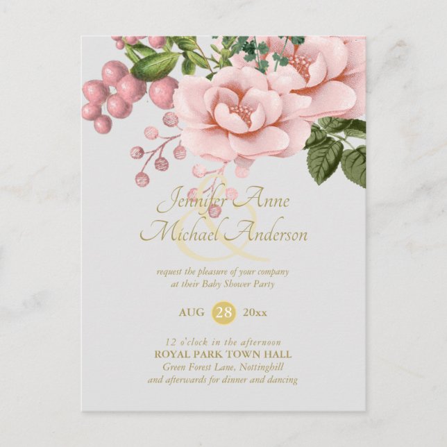 Postal Rubor indulgente Pink Gold Rose Bouquet Baby Showe (Anverso)