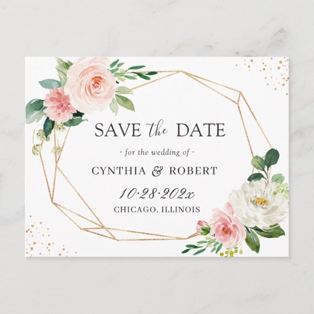 Postal Rubor Moda Floral Gold Geometric Save the Date (Anverso)