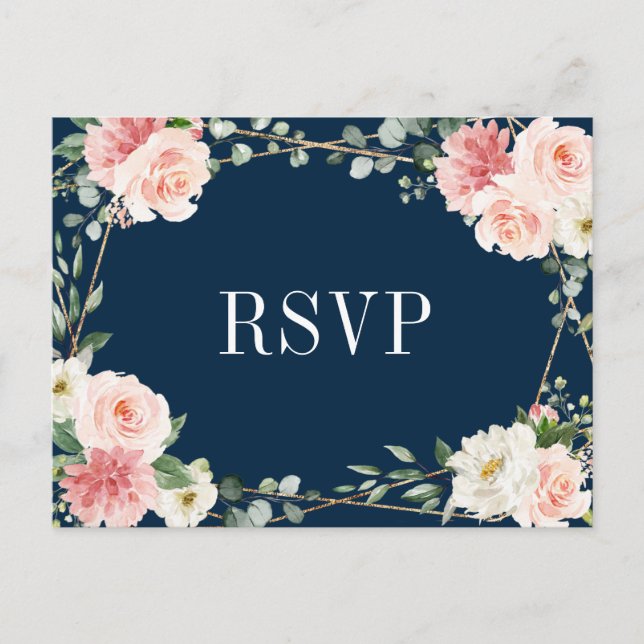 Postal Rubor Pink Navy Geometric Botanical Wedding RSVP (Anverso)
