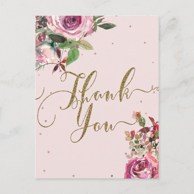 Postal Rubor Pink Rose Gold Floral Moderno Gracias (Anverso)
