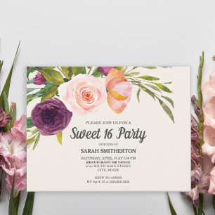 Postal Rubor Purpura Rosa Floral Acuarela Marfil Dulce 16