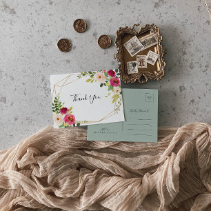 Postal Rubor rosa de la verde geométrica del oro Gracias