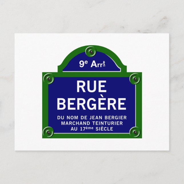 Postal Rue Bergere, Rótulo de la Calle de París (Anverso)
