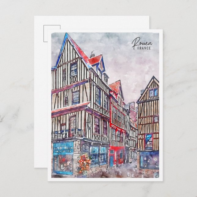 Postal Ruen France vintage acuarela (Anverso / Reverso)