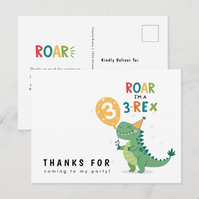 Postal Rugido Soy un 3-Rex Cumpleaños de Tercer Año Graci (Anverso / Reverso)