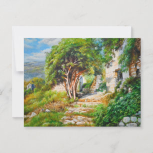 Postal Ruinas antiguas con árboles iluminados por la luz 
