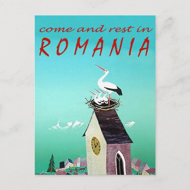 Postal Rumania, nido de cigüeñas en la torre de vigilanci (Anverso)