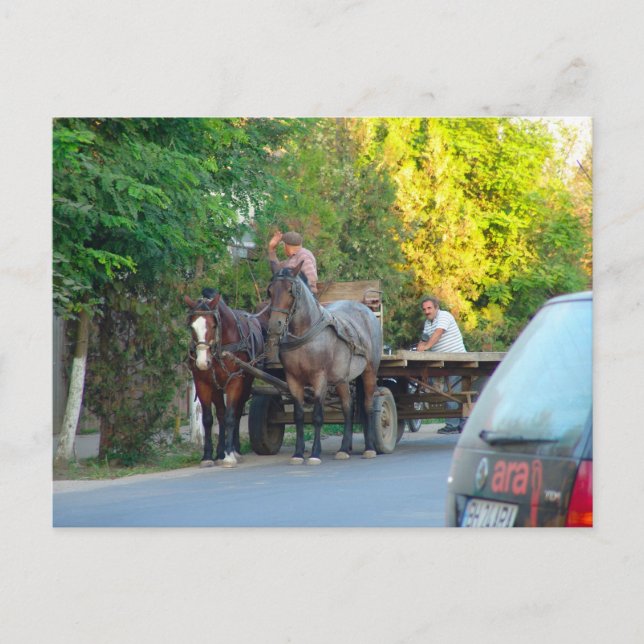 Postal Rumania, transporte antiguo y moderno (Anverso)