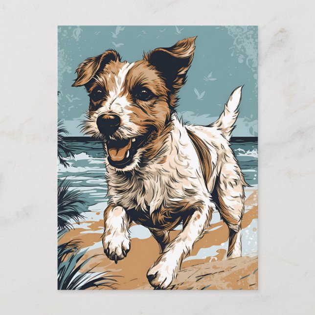 Postal Russel-terrier en la playa (Anverso)