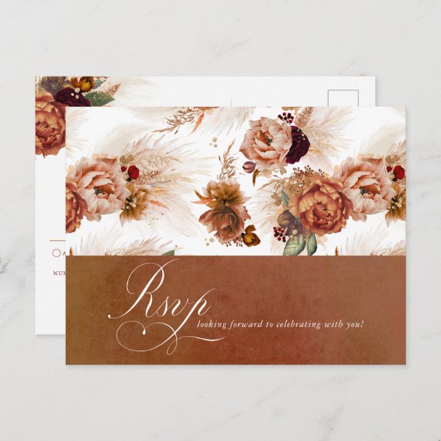 Postal Rust Terracotta Floral Pampas Boda de Grass RSVP (Anverso / Reverso)
