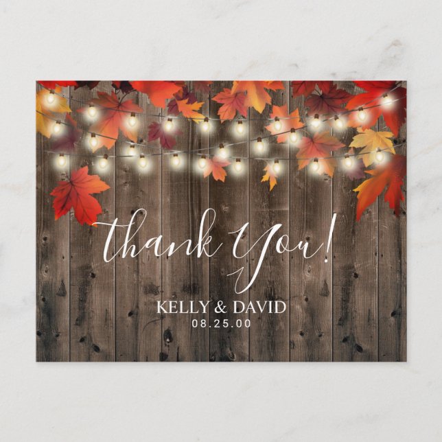 Postal Rustic Autumn Leaves Fall Wedding Gracias (Anverso)