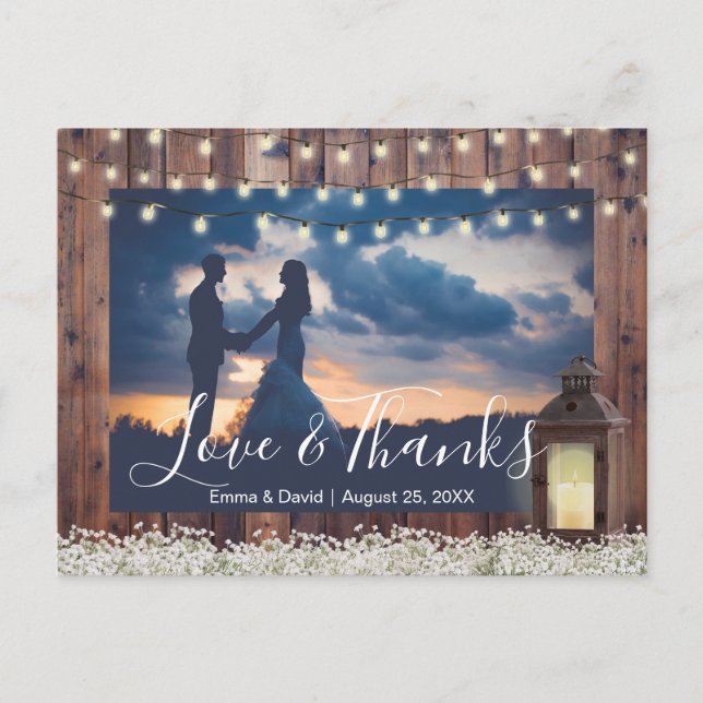Postal Rustic Barn Lantern String Lights Photo Gracias (Anverso)