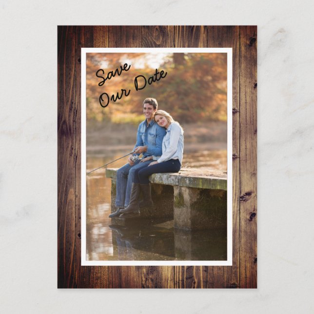 Postal Rustic Barn Wood Photo Save Our Date Boda (Anverso)