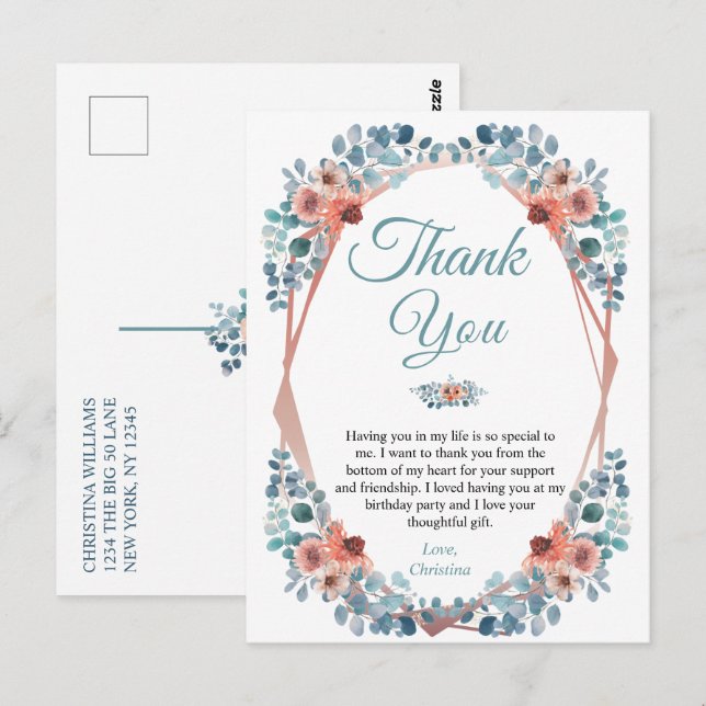 Postal Rustic Blue Floral 50th Birthday Gracias (Anverso / Reverso)
