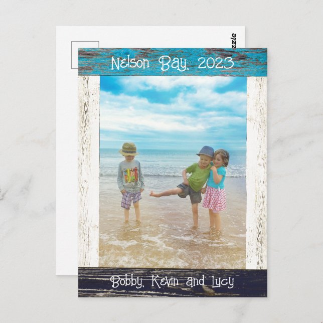 Postal Rustic Blue White Beach Wood Photo Frame (Anverso / Reverso)