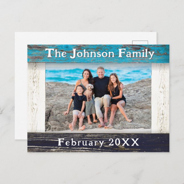 Postal Rustic Blue Wood Frame Family Name Photo (Anverso / Reverso)