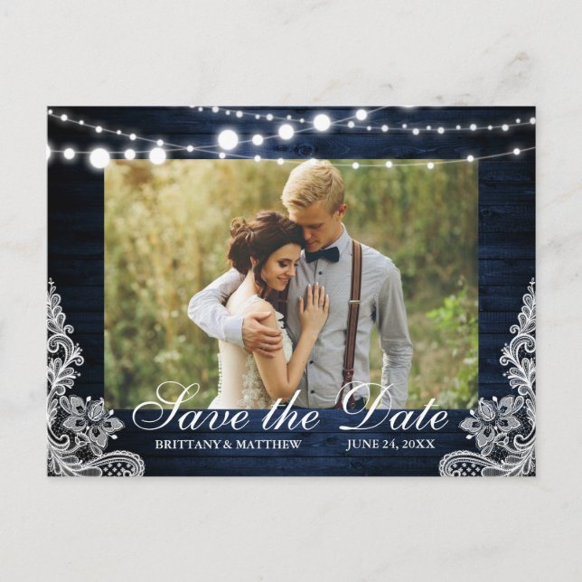 Postal Rustic Blue Wood Lughts Lace Photo Save the Date (Anverso)