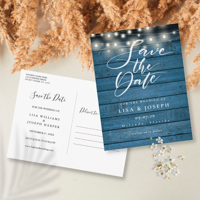 Postal Rustic Blue Wood String Lights Save the Date (Subido por el creador)