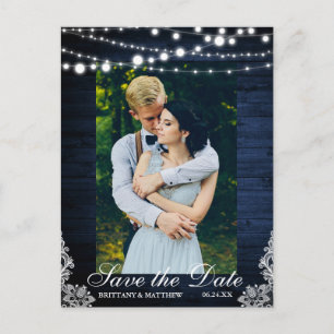 Postal Rustic Blue Wood String Lughts Lace Save the Date