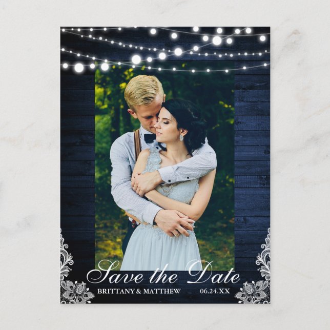 Postal Rustic Blue Wood String Lughts Lace Save the Date (Anverso)
