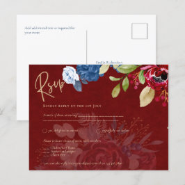 Postal Rustic Burgundy Blue Floral Wedding RSVP