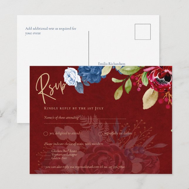 Postal Rustic Burgundy Blue Floral Wedding RSVP (Anverso / Reverso)