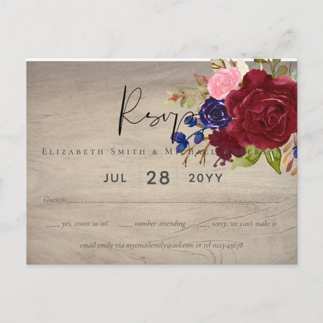 Postal Rustic Burgundy Blue Floral Wedding RSVP (Anverso)