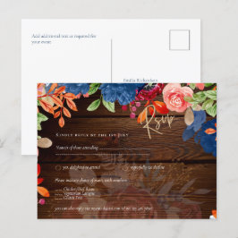 Postal Rustic Burgundy Blue Floral Wedding RSVP