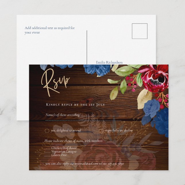 Postal Rustic Burgundy Blue Floral Wedding RSVP (Anverso / Reverso)