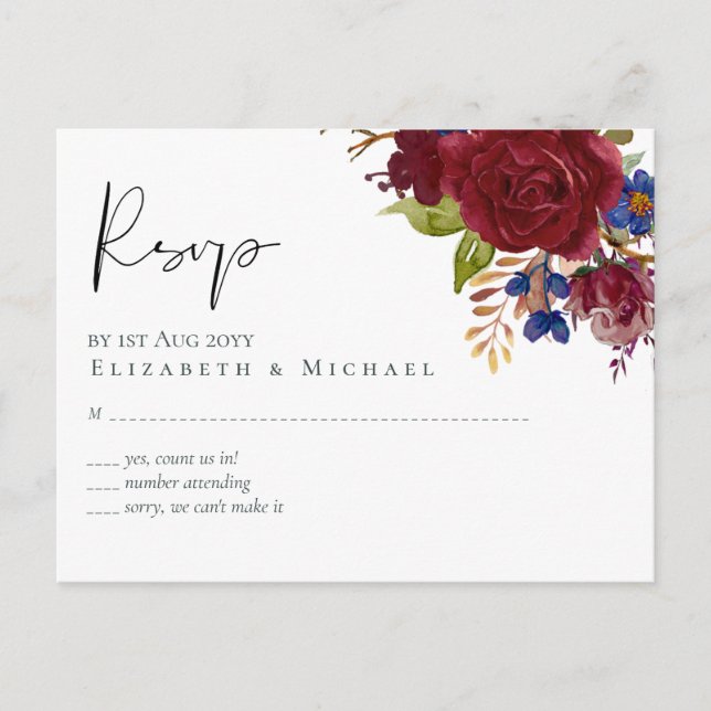 Postal Rustic Burgundy Blue Floral Wedding RSVP (Anverso)