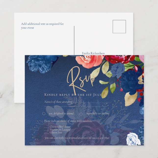 Postal Rustic Burgundy Blue Floral Wedding RSVP (Anverso / Reverso)